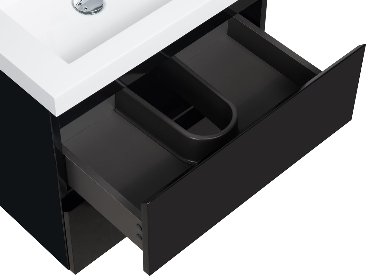 Neftis 24-Inch Floating Vanity with Sink, Pre-Assembled Modern Bathroom Vanity Sink Combo with Storage, Soft-Closing Drawers, One-piece Countertop White Resin Sink, Glossy Black Vanity for Bathroom