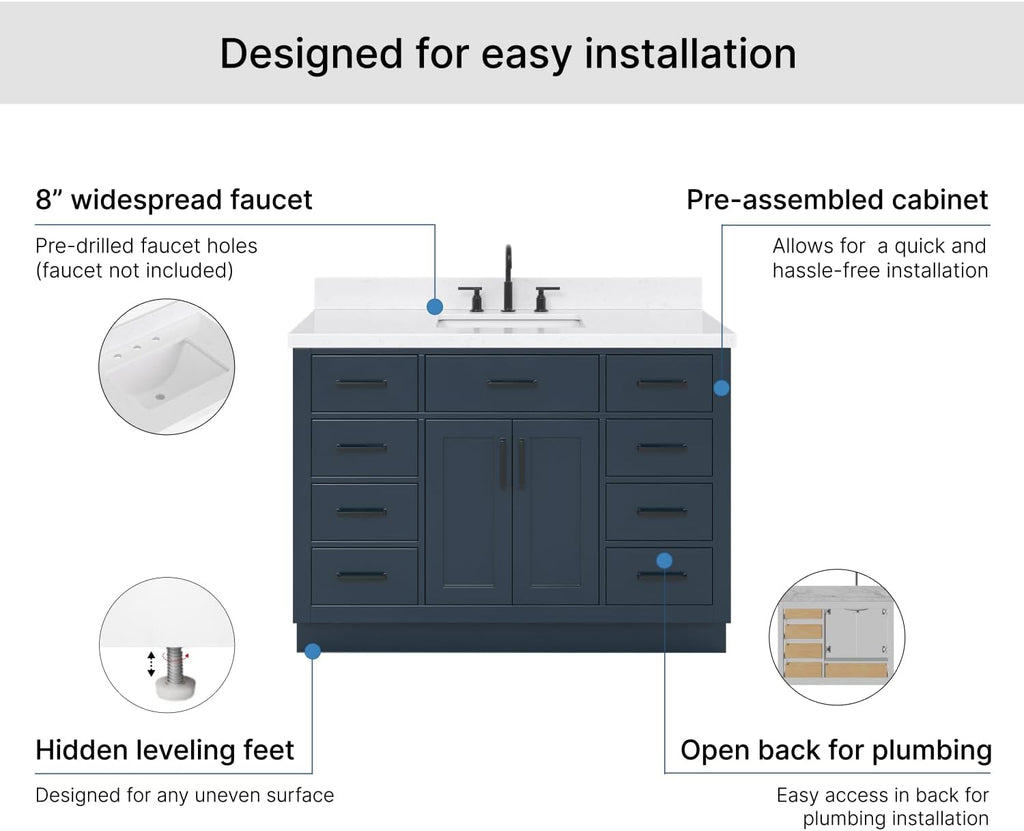 ARIEL Hepburn 48-inch Bathroom Vanity with Sink,Solid Wood, 1.5-inch Carrara White Quartz Countertop, Single Rectangular Porcelain Sink, 2 Soft Closing Doors, 9 Dovetail Drawers, Midnight Blue