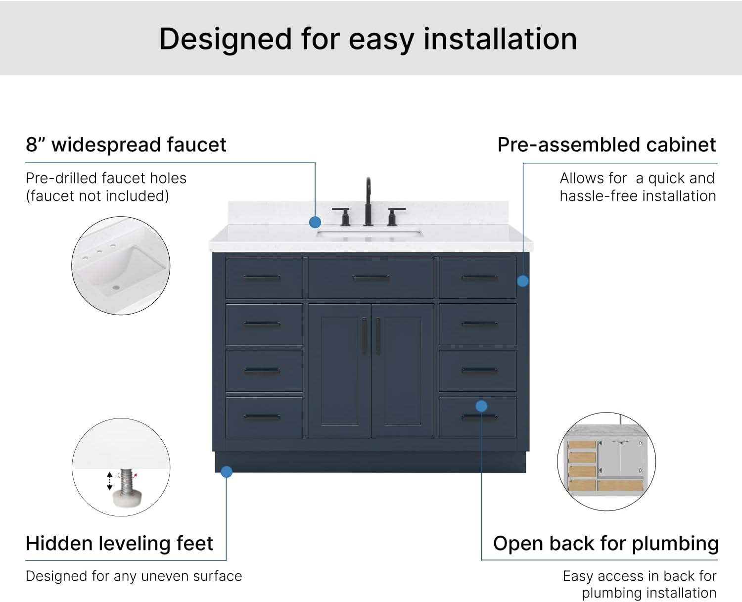 ARIEL Hepburn 48-inch Bathroom Vanity with Sink,Solid Wood, 1.5-inch Carrara White Quartz Countertop, Single Rectangular Porcelain Sink, 2 Soft Closing Doors, 9 Dovetail Drawers, Midnight Blue