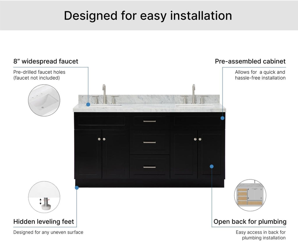ARIEL Hamlet 66-inch Bathroom Vanity with Sink,Solid Wood, 1.5-inch Italian Carrara Marble Countertop, Double Rectangular Porcelain Sink, 4 Soft Closing Doors, 3 Dovetail Drawers, Black