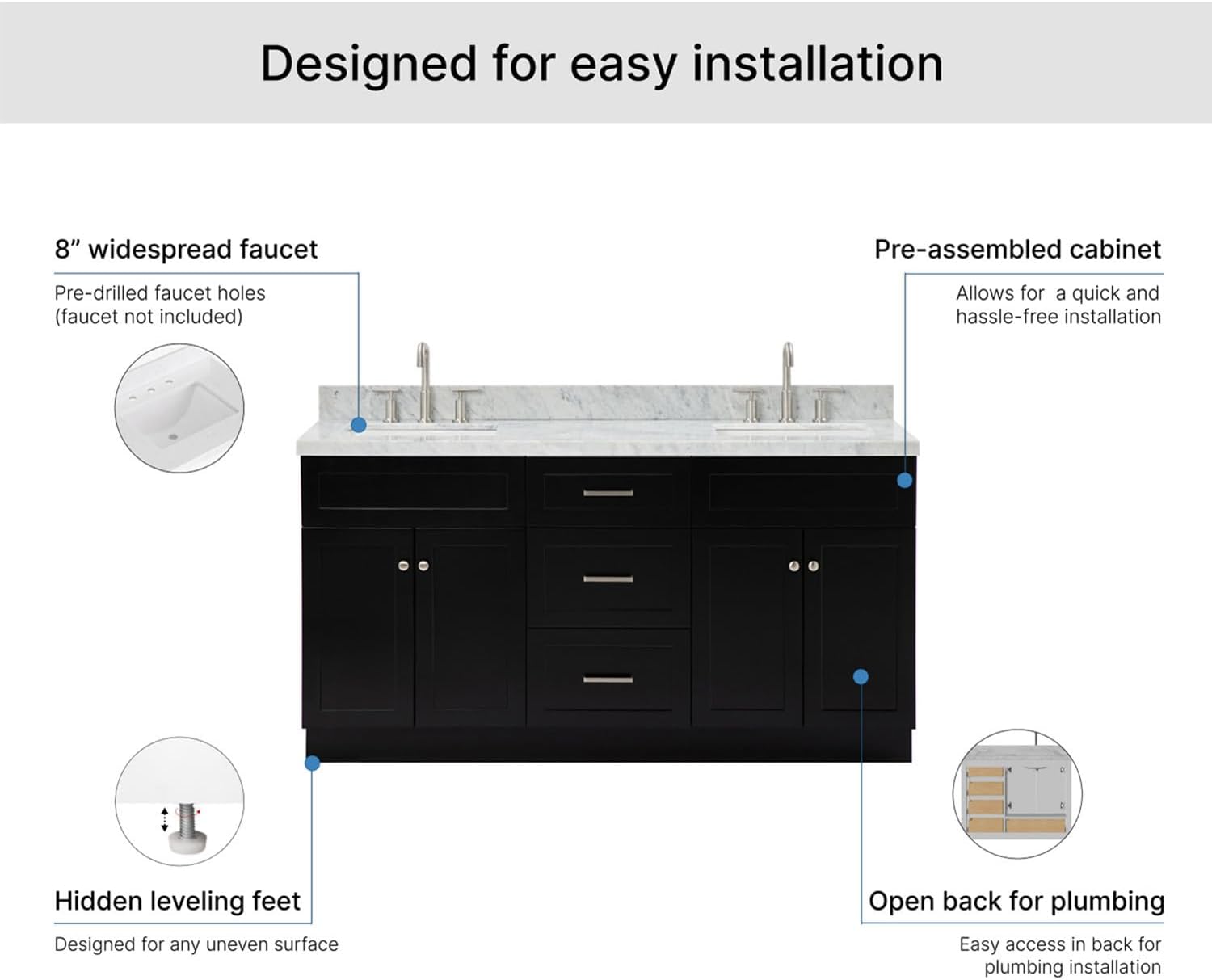 ARIEL Hamlet 66-inch Bathroom Vanity with Sink,Solid Wood, 1.5-inch Italian Carrara Marble Countertop, Double Rectangular Porcelain Sink, 4 Soft Closing Doors, 3 Dovetail Drawers, Black