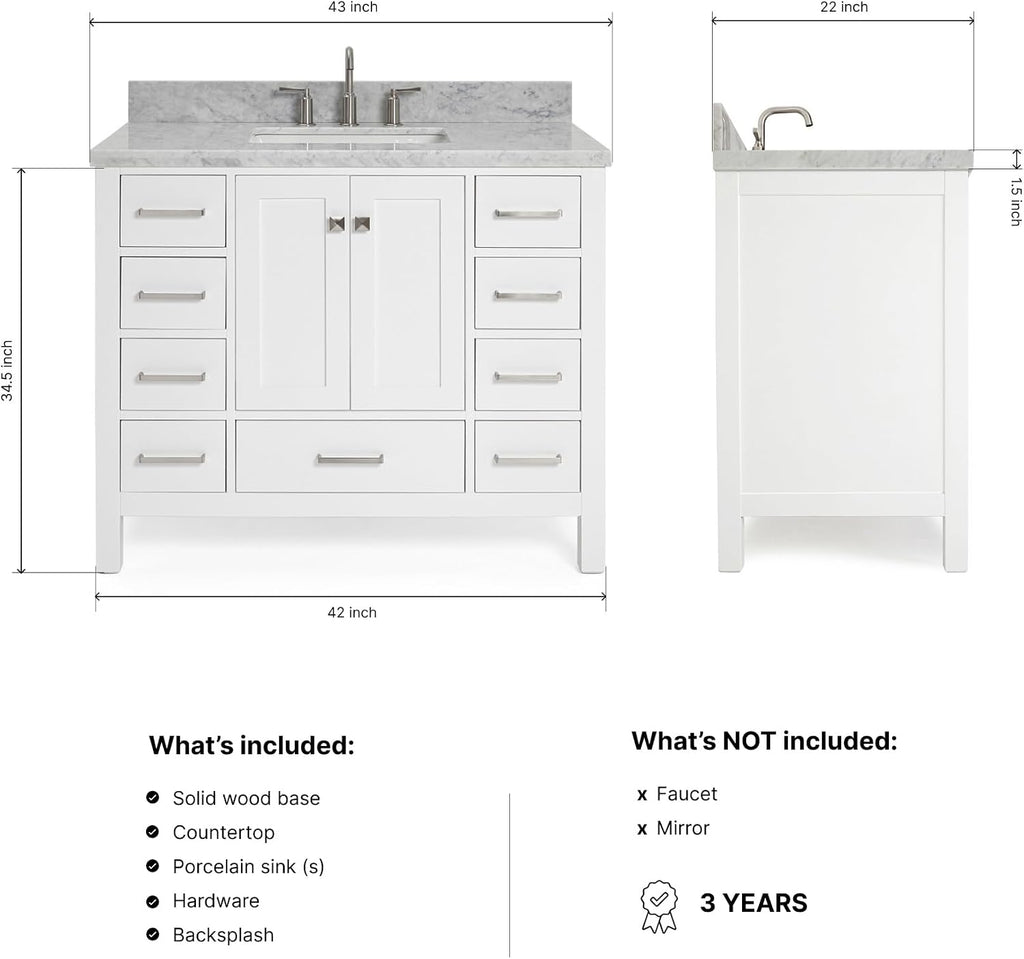 ARIEL Cambridge 42-inch Bathroom Vanity with Sink,Solid Wood, 1.5-inch Italian Carrara Marble Countertop, Single Rectangular Porcelain Sink, 2 Soft Closing Doors, 9 Dovetail Drawers, White