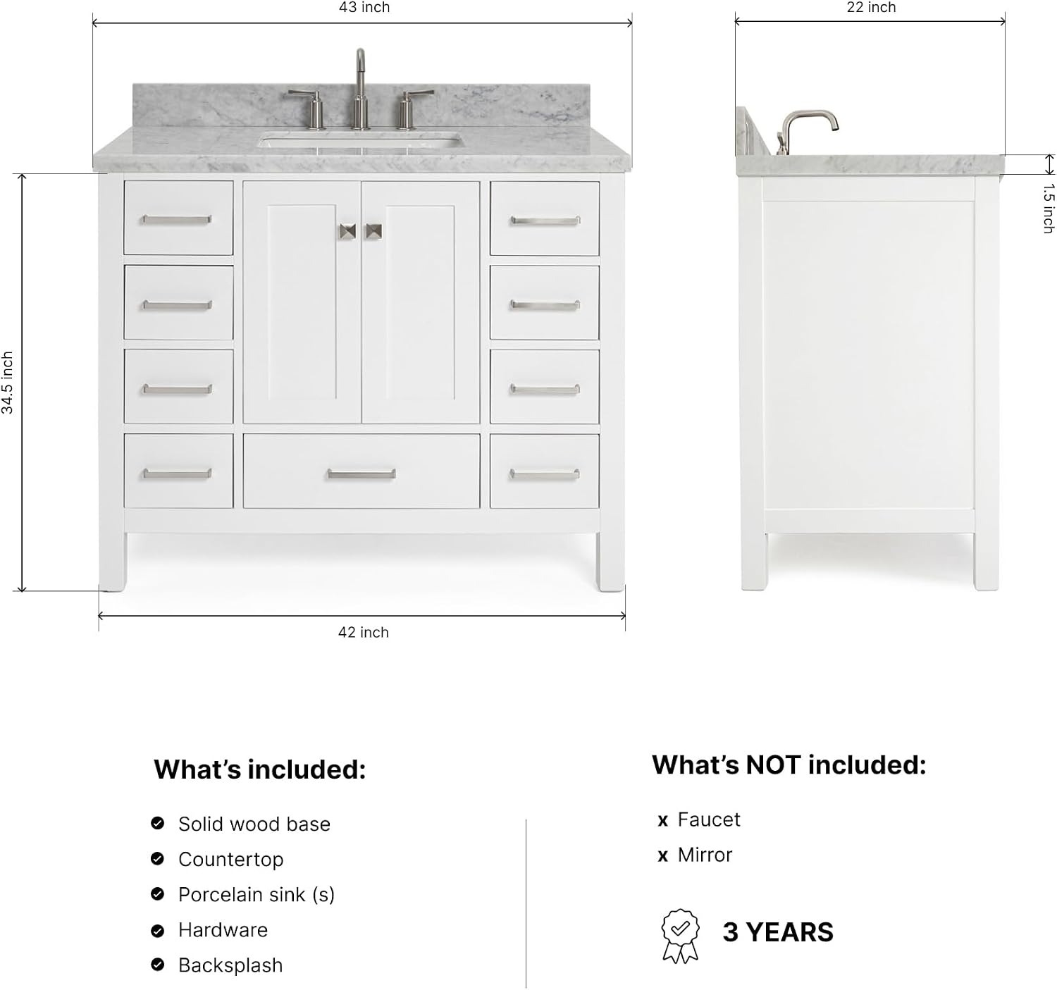ARIEL Cambridge 42-inch Bathroom Vanity with Sink,Solid Wood, 1.5-inch Italian Carrara Marble Countertop, Single Rectangular Porcelain Sink, 2 Soft Closing Doors, 9 Dovetail Drawers, White