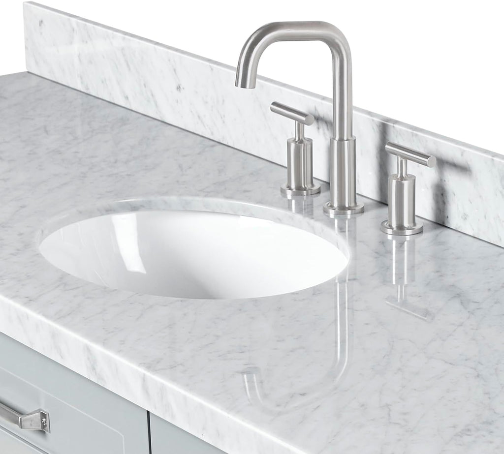 ARIEL Monroe 66-inch Bathroom Vanity with Sink,Solid Wood, 1.5-inch Italian Carrara Marble Countertop, Single Oval Porcelain Sink, Dovetail Drawers, Grey