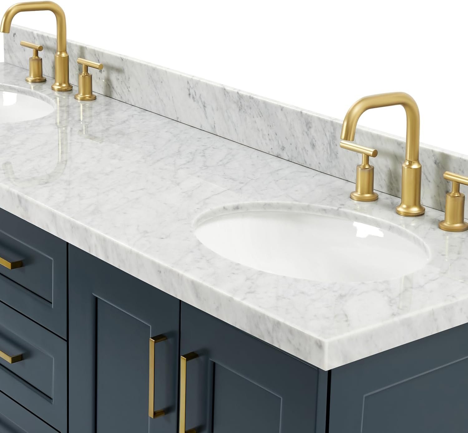 ARIEL Taylor 66-inch Bathroom Vanity with Sink,Solid Wood, 1.5-inch Italian Carrara Marble Countertop, Double Oval Porcelain Sink, 4 Soft Closing Doors, 5 Dovetail Drawers, Midnight Blue