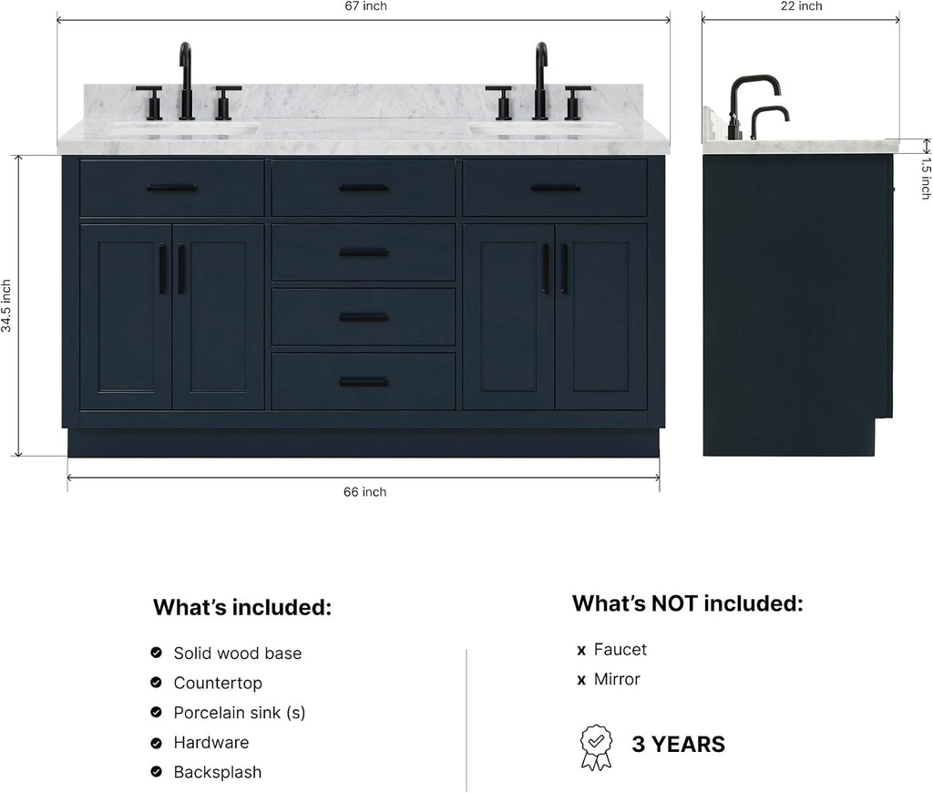 ARIEL Hepburn 66-inch Bathroom Vanity with Sink,Solid Wood, 1.5-inch Italian Carrara Marble Countertop, Double Rectangular Porcelain Sink, 4 Soft Closing Doors, 6 Dovetail Drawers, Midnight Blue