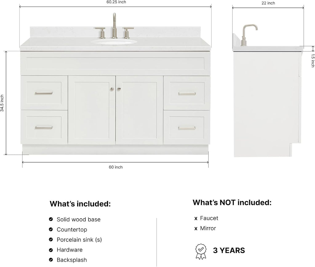 ARIEL Hamlet 60-inch Bathroom Vanity with Sink,Solid Wood, 1.5-inch Carrara White Quartz Countertop & Backsplash, Single Oval Porcelain Sink, 2 Soft Closing Doors, 4 Dovetail Drawers, White