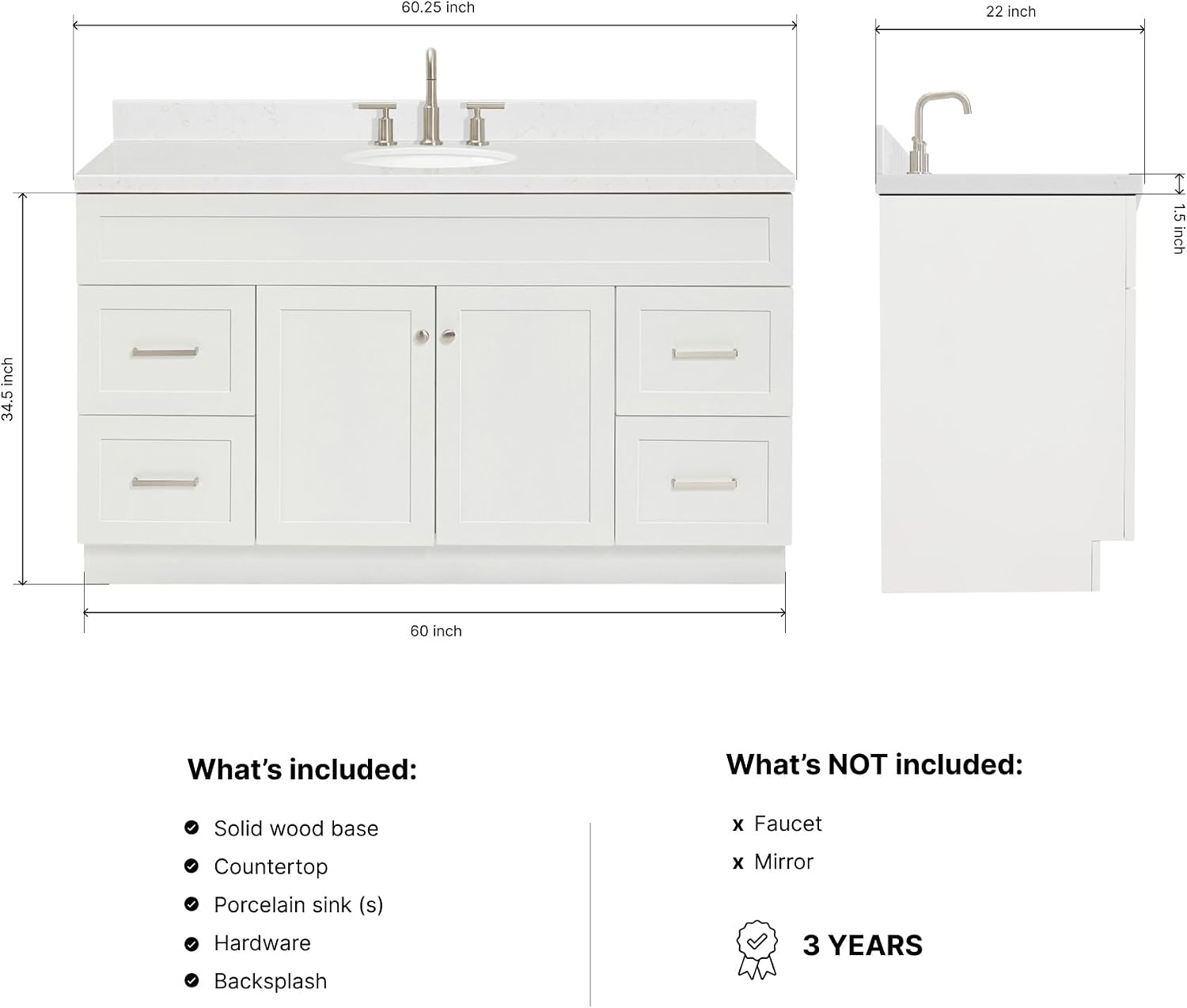 ARIEL Hamlet 60-inch Bathroom Vanity with Sink,Solid Wood, 1.5-inch Carrara White Quartz Countertop & Backsplash, Single Oval Porcelain Sink, 2 Soft Closing Doors, 4 Dovetail Drawers, White