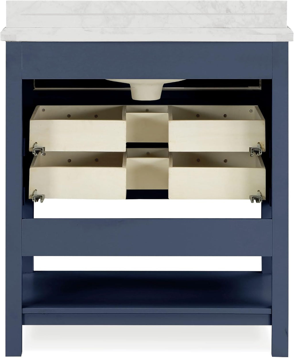 Furniture of America Genevieve 31 inch Modern Bathroom Vanity with Sink, Wood Cabinet with Carrera Marble Top, Soft-Closing Drawers and Open Shelf, Blue