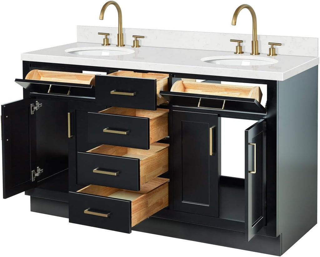 ARIEL Hepburn 60-inch Bathroom Vanity with Sink,Solid Wood, 1.5-inch Carrara White Quartz Countertop & Backsplash, Double Oval Porcelain Sink, 4 Soft Closing Doors, 6 Dovetail Drawers, Black