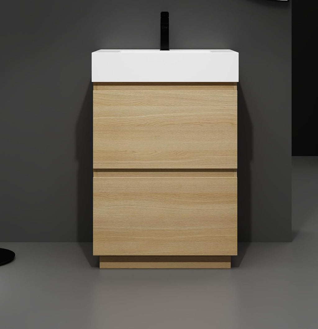24 Inch Bathroom Vanity with Sink, Freestanding Single Sink Bathroom Vanity with Soft Closed Drawers, Integrated Sink, Engineered Wood Bathroom Sink Vanity (Oak)