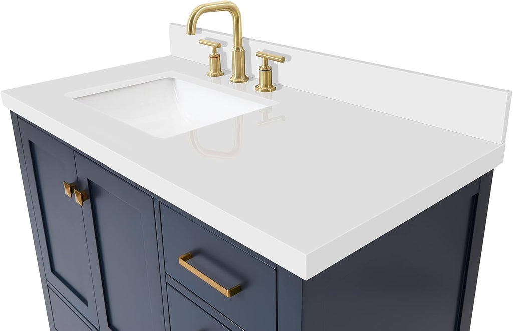 DKB Beckford 42-Inch Midnight Blue Bathroom Vanity, 1.5' Pure White Quartz Countertop & Backsplash, Left Rectangular Undermount Sink, 2 Soft Closing Doors, 5 Dovetail Drawers, Matte Black Hardware