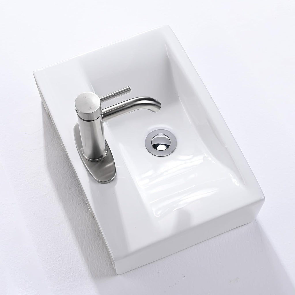 Aquaterior Porcelain Bathroom Vessel Sink 18'x12' with Brushed Nickel Single Handle Bathroom Faucet Pop-up Drain Combo Rectangle Above Counter Vanity Basin Minimalist Modern