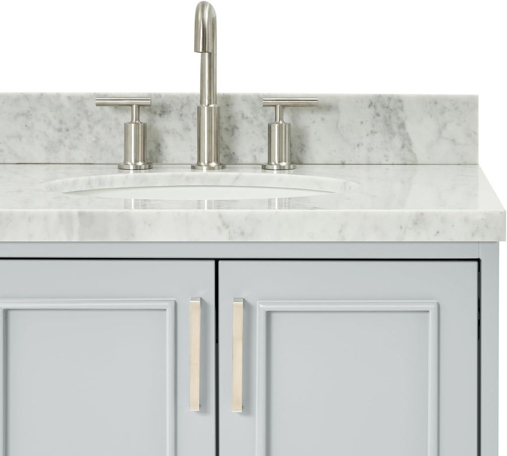 DKB Langford 42-inch Grey Bathroom Vanity with Right Oval Single Sink, Italian Carrara Marble Countertop & Backsplash, Solid Wood Frame, Soft-Closing & Dovetail Drawers