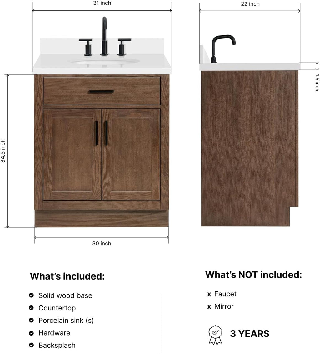 ARIEL Hepburn 30-inch Bathroom Vanity with Sink,Solid Wood, 1.5-inch Pure White Quartz Countertop & Backsplash, Single Oval Porcelain Sink, 2 Soft Closing Doors, 1 Dovetail Drawers, Brown Oak