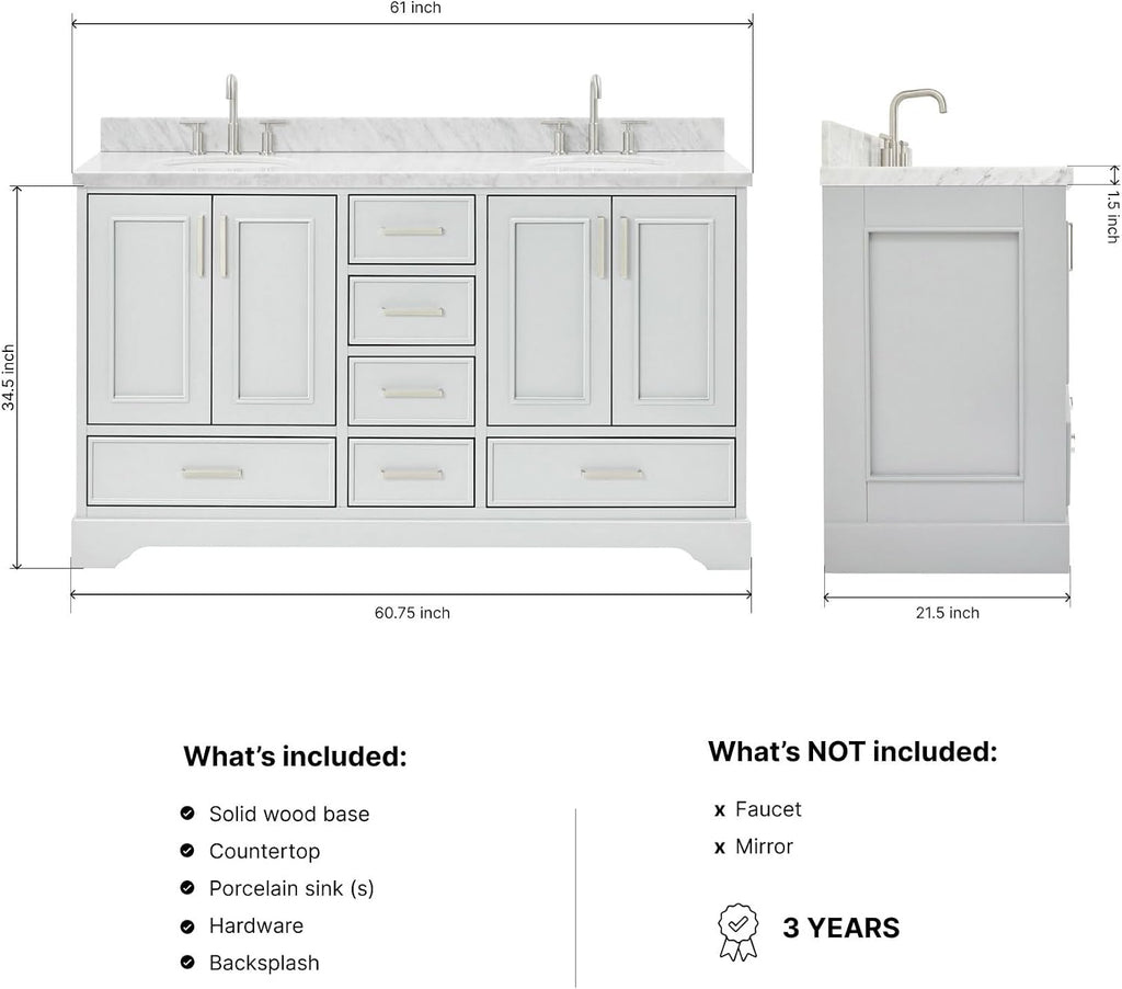 ARIEL Stafford 60-inch Bathroom Vanity with Sink,Solid Wood, 1.5-inch Italian Carrara Marble Countertop & Backsplash, Double Oval Porcelain Sink, 4 Soft Closing Doors, 6 Dovetail Drawers, Grey