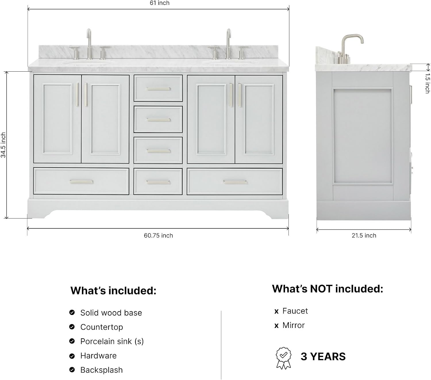 ARIEL Stafford 60-inch Bathroom Vanity with Sink,Solid Wood, 1.5-inch Italian Carrara Marble Countertop & Backsplash, Double Oval Porcelain Sink, 4 Soft Closing Doors, 6 Dovetail Drawers, Grey
