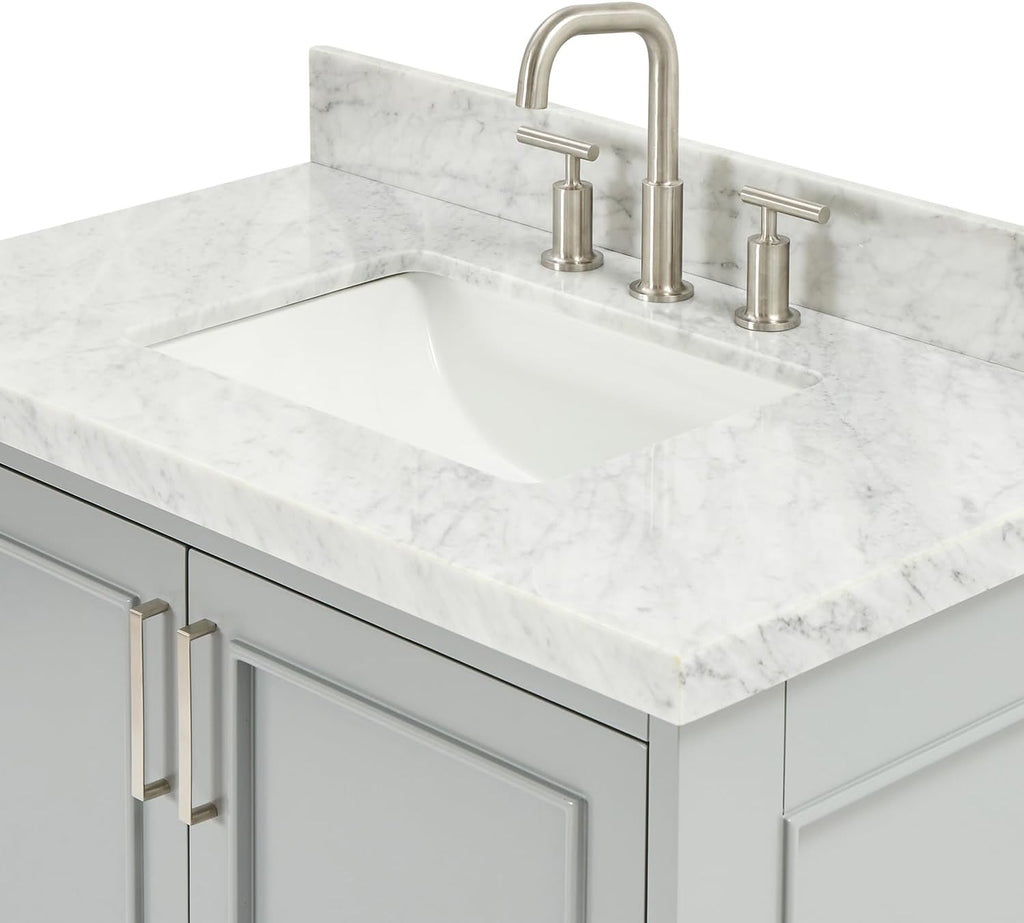 ARIEL Stafford 36-inch Bathroom Vanity with Sink,Solid Wood, 1.5-inch Italian Carrara Marble Countertop, Single Rectangular Porcelain Sink, Soft Closing Doors, Dovetail Drawers, Grey