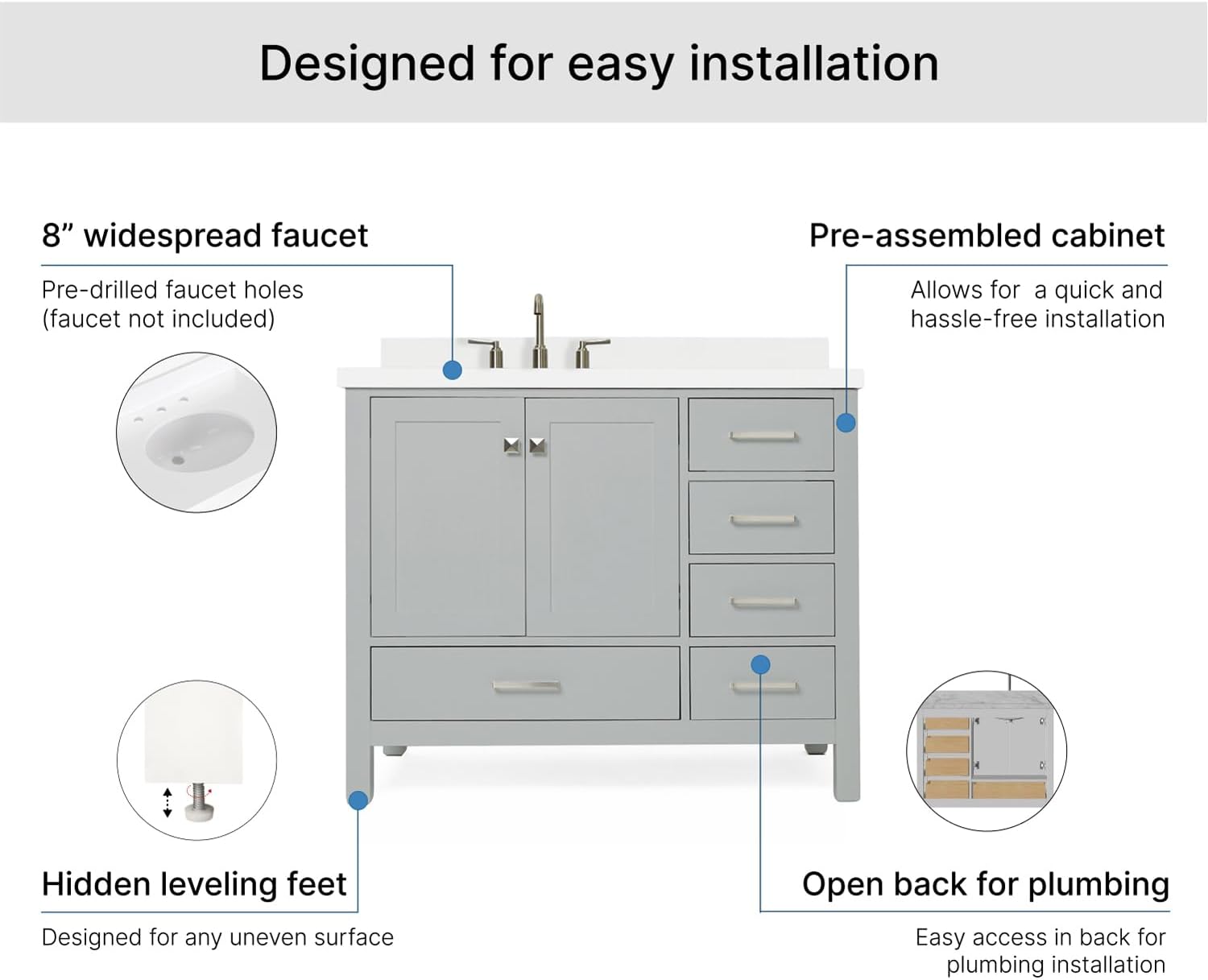 ARIEL Cambridge 42-inch Bathroom Vanity with Sink,Solid Wood, 1.5-inch Pure White Quartz Countertop & Backsplash, Single Oval Porcelain Sink, 2 Soft Closing Doors, 5 Dovetail Drawers, Grey