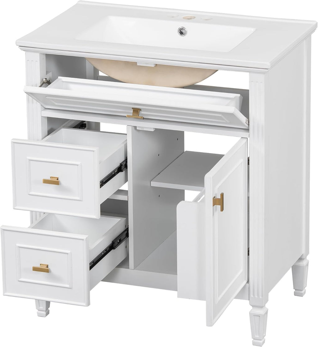 Harper & Bright Designs 30' Bathroom Vanity with Sink, Free Standing Vanity Set with Tip-Out Drawer, 2 Drawers, and Adjustable Shelf, Wood Bathroom Cabinet with Ceramic Basin for Bathroom, White