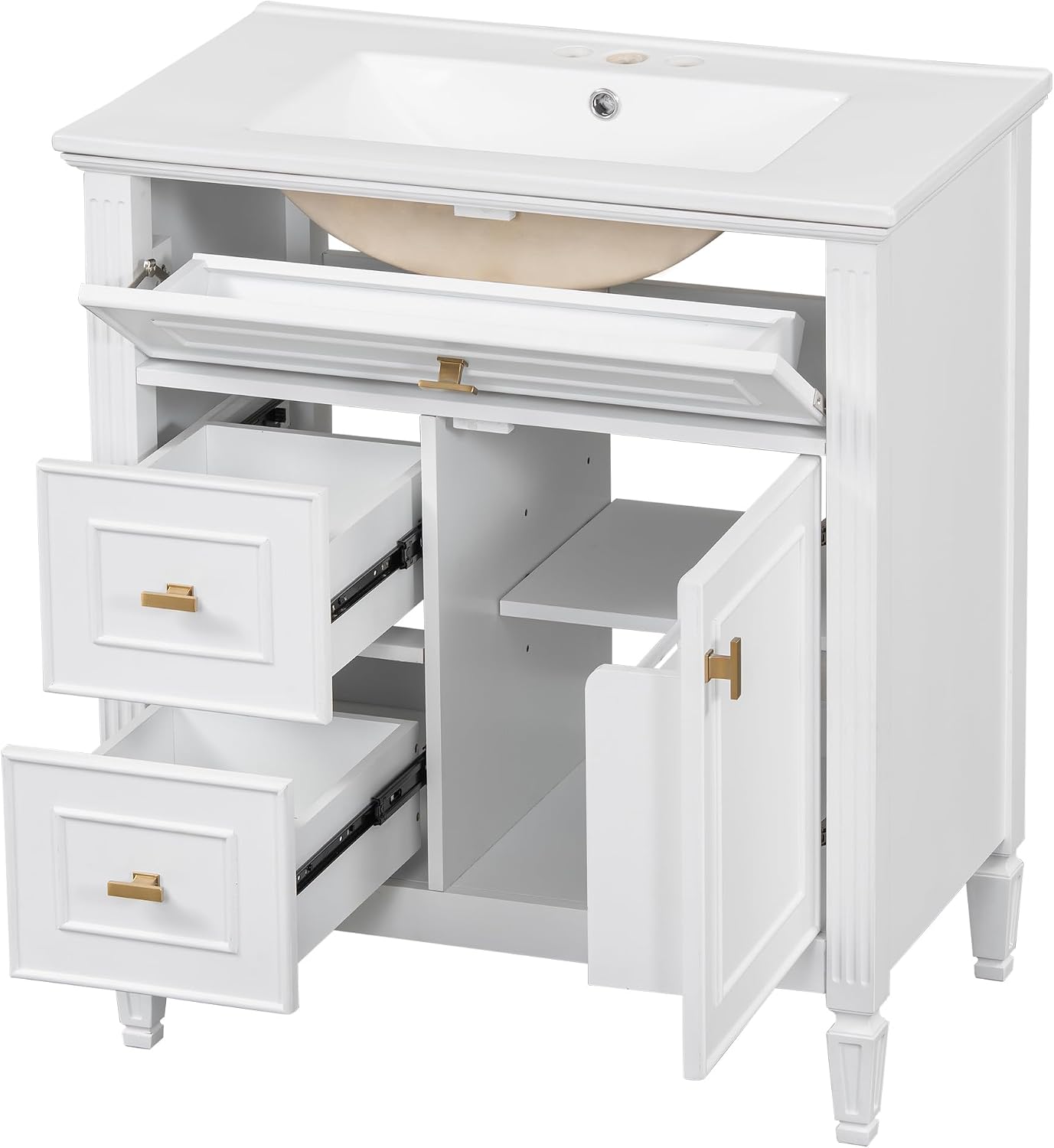 Harper & Bright Designs 30' Bathroom Vanity with Sink, Free Standing Vanity Set with Tip-Out Drawer, 2 Drawers, and Adjustable Shelf, Wood Bathroom Cabinet with Ceramic Basin for Bathroom, White