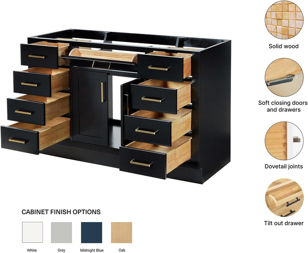 ARIEL Hepburn 54-inch Bathroom Vanity Base Cabinet,Solid Wood, 2 Soft Closing Doors, 9 Dovetail Drawers, Black