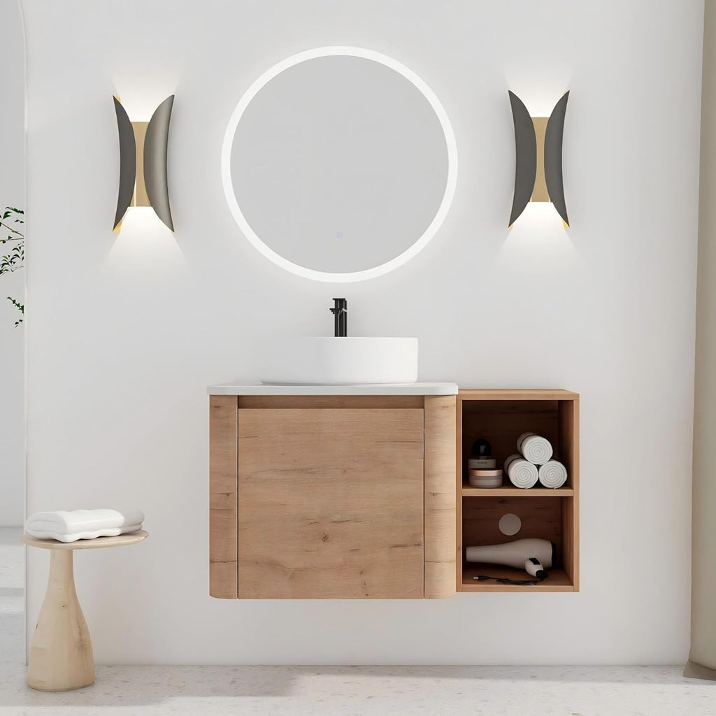 36 Inch Wall-Mounted Bathroom Vanity with Sink Combo Modern Floating Bathroom Vanitites with Round Ceramic Vessel Sink 36' Bathroom Sink Cabinet with Marble Counter Top & 1 Side Storage Shelf