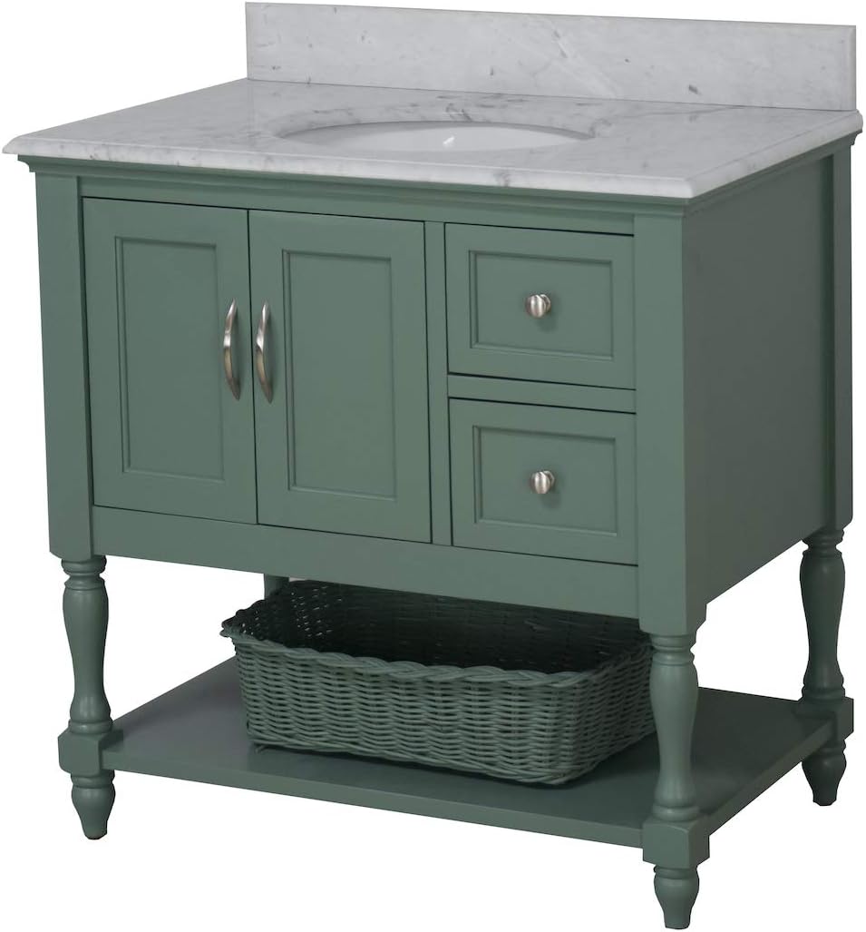 Kitchen Bath Collection Beverly 36-inch Bathroom Vanity (Carrara/Sage Green): Includes Sage Green Cabinet with Authentic Italian Carrara Marble Countertop and White Ceramic Sink
