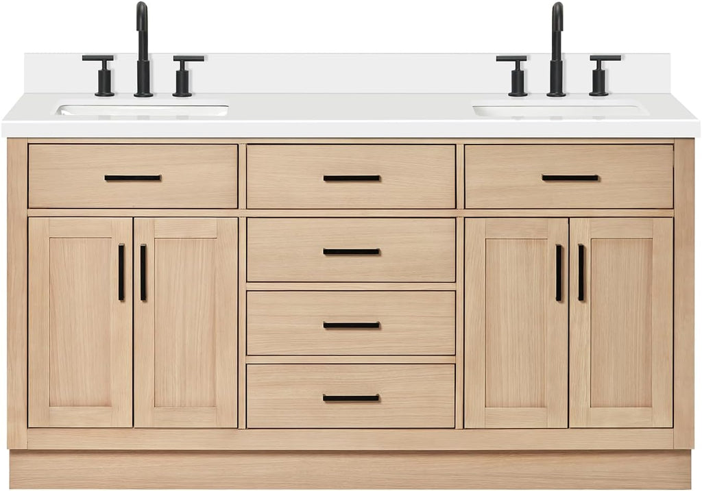 ARIEL Hepburn 66-inch Bathroom Vanity with Sink,Solid Wood, 1.5-inch Pure White Quartz Countertop, Double Rectangular Porcelain Sink, 4 Soft Closing Doors, 6 Dovetail Drawers, White Oak