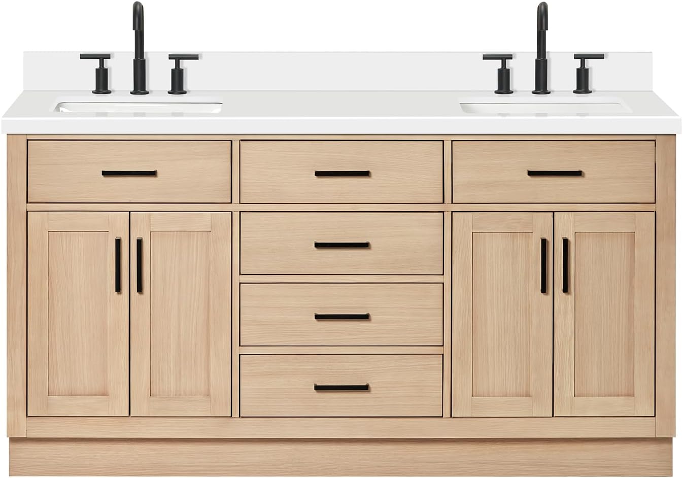ARIEL Hepburn 66-inch Bathroom Vanity with Sink,Solid Wood, 1.5-inch Pure White Quartz Countertop, Double Rectangular Porcelain Sink, 4 Soft Closing Doors, 6 Dovetail Drawers, White Oak