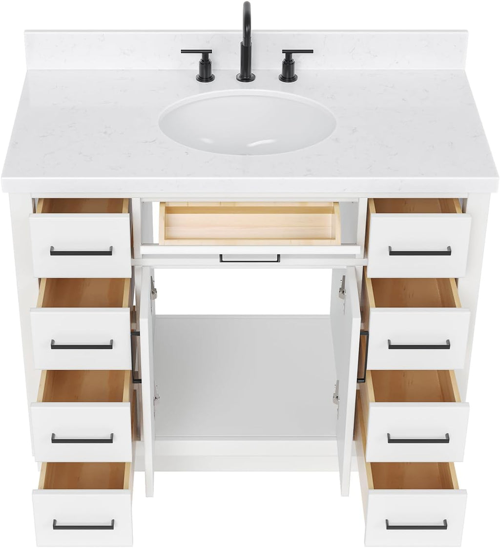 DKB Isabella 42-Inch White Bathroom Vanity with Sink, 1.5-Inch Edge Carrara Quartz Countertop, Solid Wood Frame, Oval Sink, 2 Soft Closing Doors, 9 Dovetail Drawers, Toe Kick