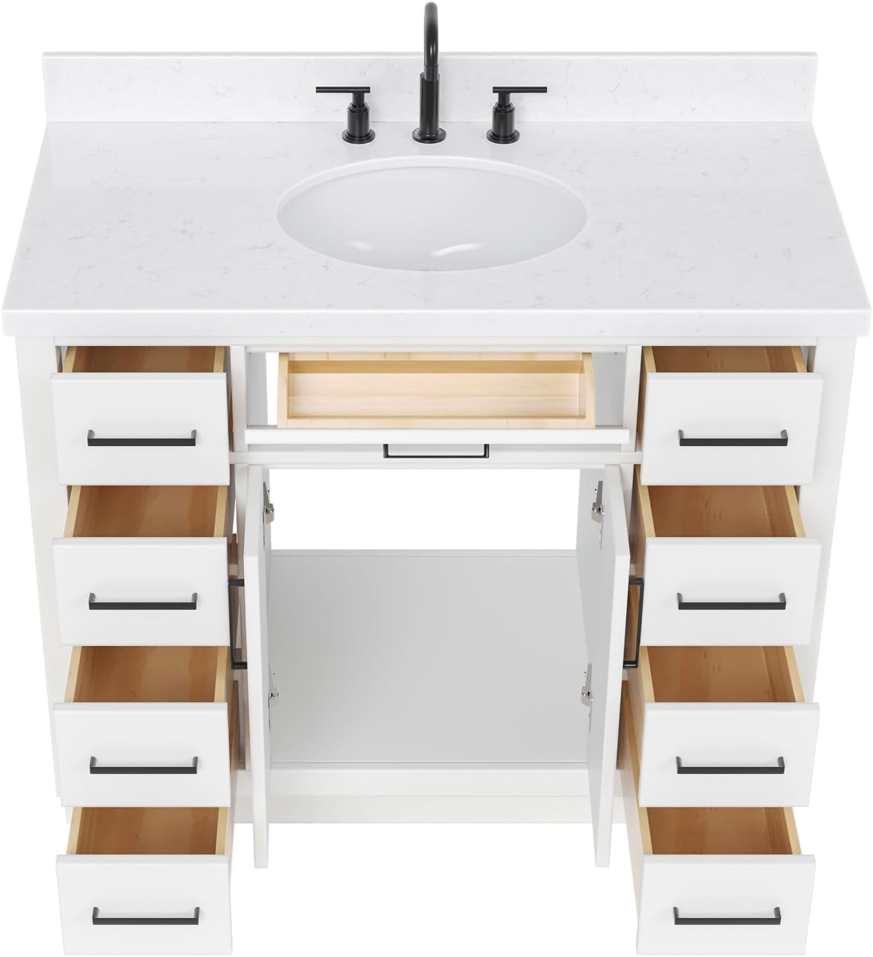 DKB Isabella 42-Inch White Bathroom Vanity with Sink, 1.5-Inch Edge Carrara Quartz Countertop, Solid Wood Frame, Oval Sink, 2 Soft Closing Doors, 9 Dovetail Drawers, Toe Kick