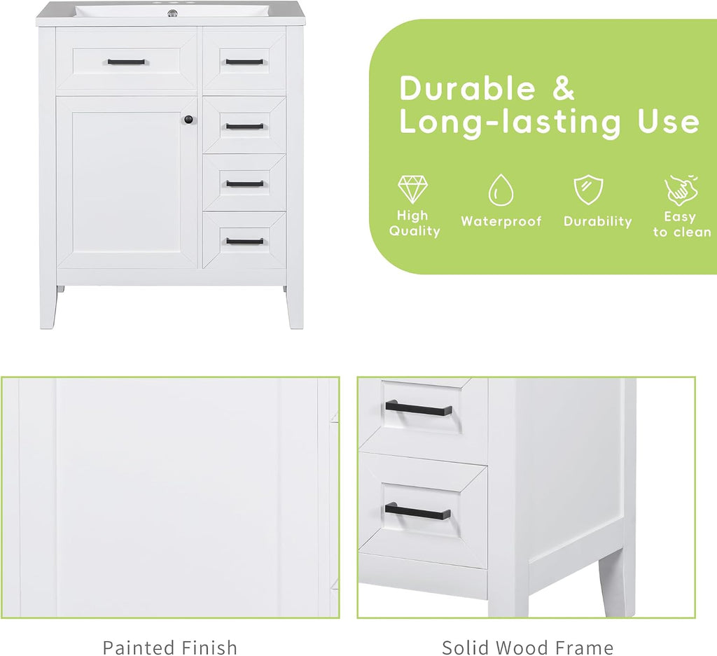 LUMISOL 30' Bathroom Vanity with Ceramic Sink, Modern Freestanding Bathroom Vanity with 3 Drawers & Door with Racks, Solid Wood Bathroom Storage Cabinet with Single Sink, White