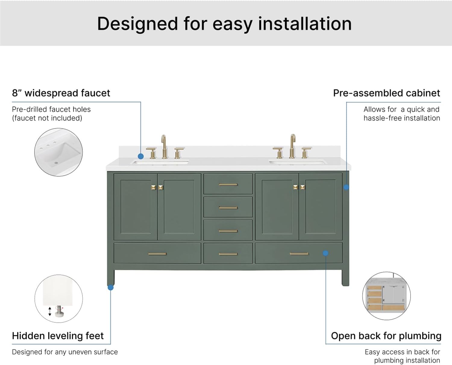 DKB Beckford 72-inch Vintage Green Bathroom Vanity with Left & Right Rectangle Double Sinks, Pure White Quartz Countertop & Backsplash, Solid Wood Frame, Soft-Closing & Dovetail Drawers