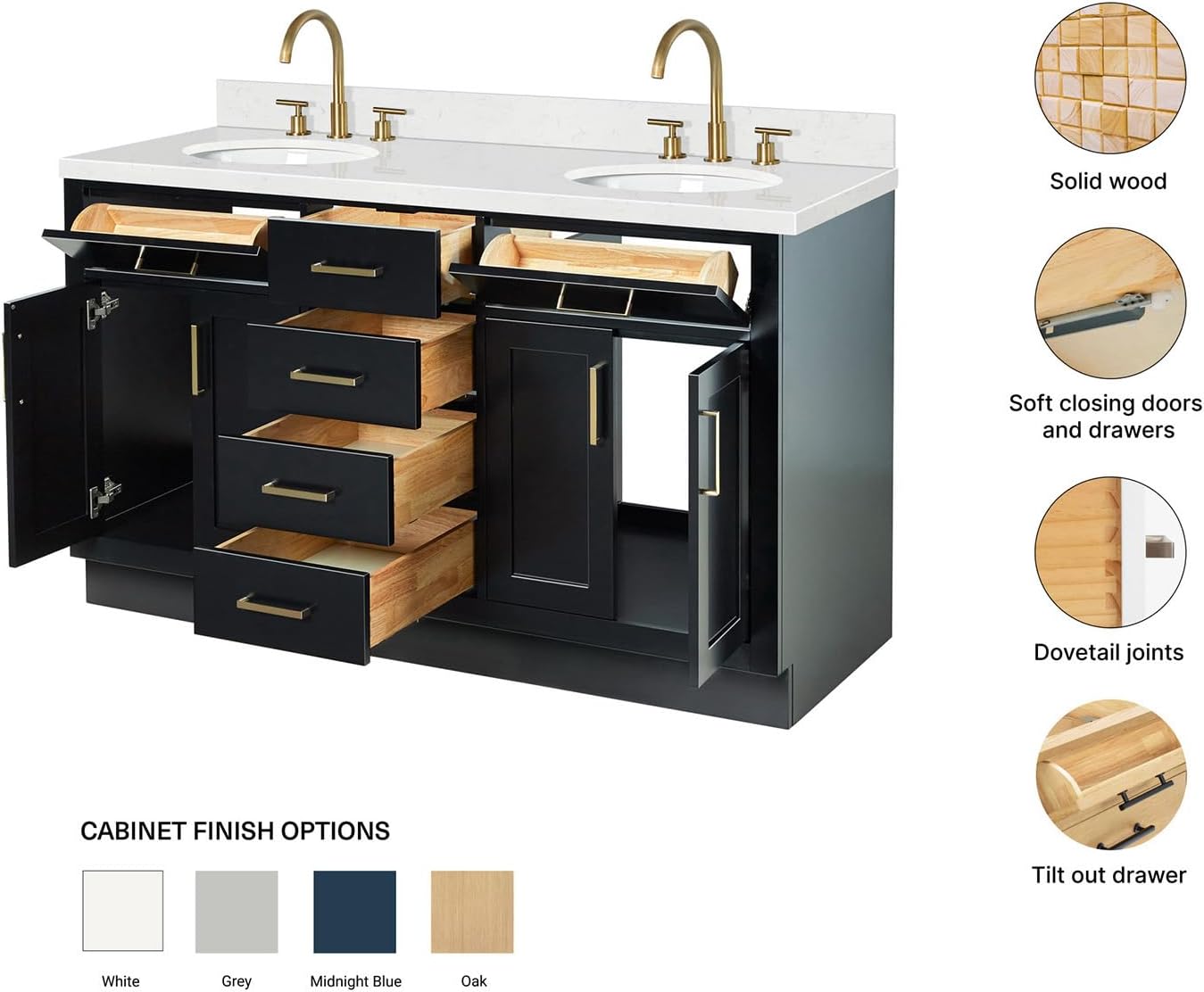 ARIEL Hepburn 60-inch Bathroom Vanity with Sink,Solid Wood, 1.5-inch Carrara White Quartz Countertop & Backsplash, Double Oval Porcelain Sink, 4 Soft Closing Doors, 6 Dovetail Drawers, Black