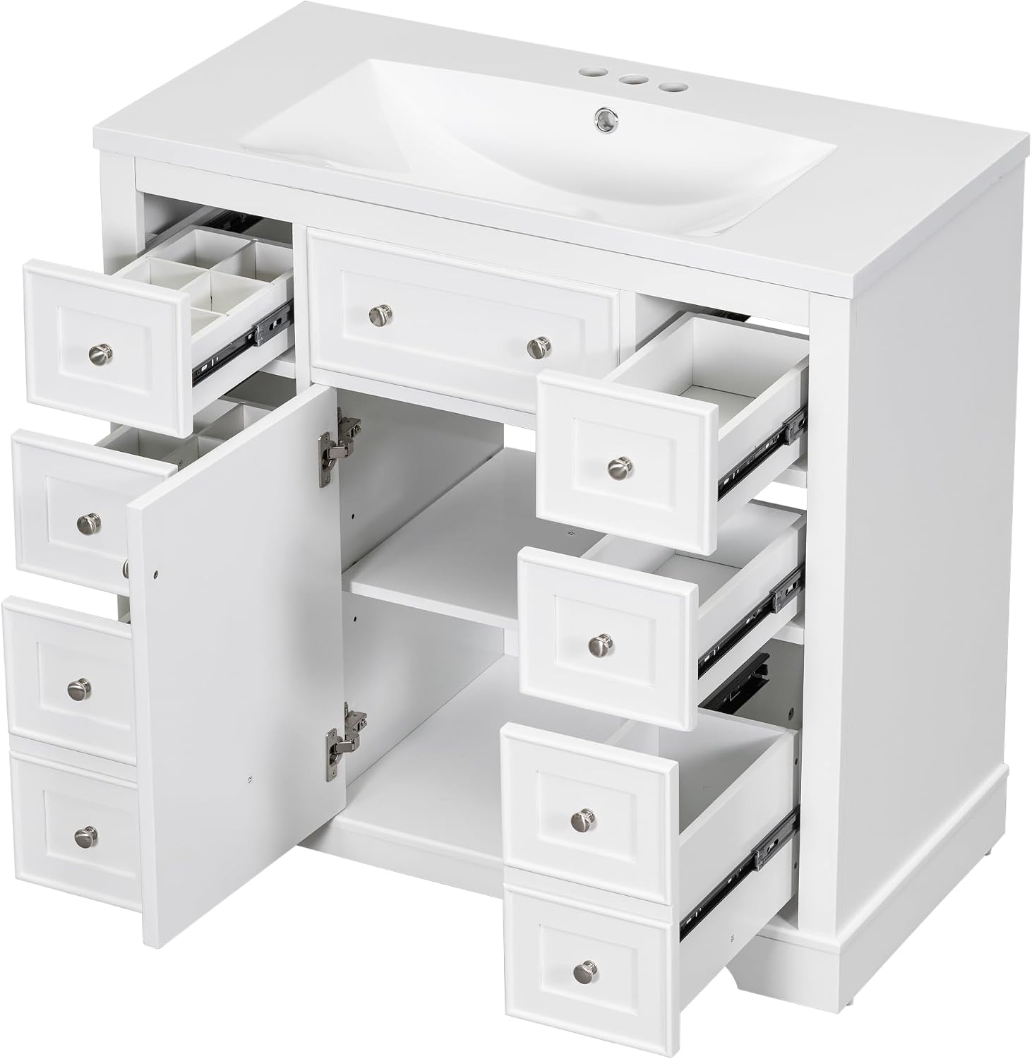 Malwee 36 Inch Freestanding Bathroom Vanity with Sink, 36'' Floor Standing Bathroom Vanity, Modern Vanity with 1 Door and 6 Drawers, White Ceramic Sink Top