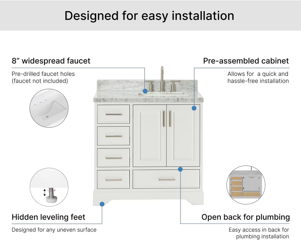 ARIEL Stafford 36-inch Bathroom Vanity with Sink,Solid Wood, 1.5-inch Italian Carrara Marble Countertop, Single Rectangular Porcelain Sink, 2 Soft Closing Doors, 5 Dovetail Drawers, White