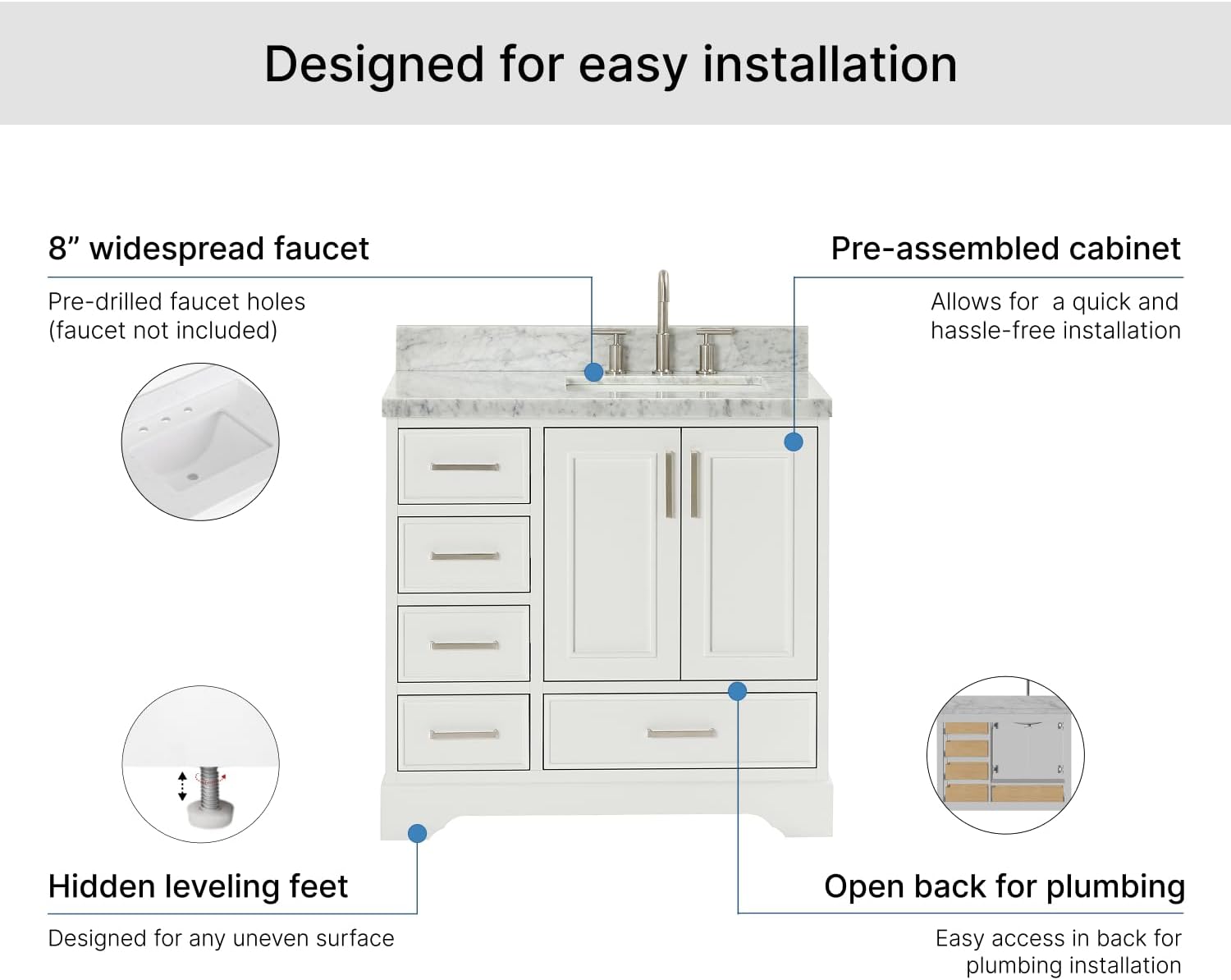 ARIEL Stafford 36-inch Bathroom Vanity with Sink,Solid Wood, 1.5-inch Italian Carrara Marble Countertop, Single Rectangular Porcelain Sink, 2 Soft Closing Doors, 5 Dovetail Drawers, White