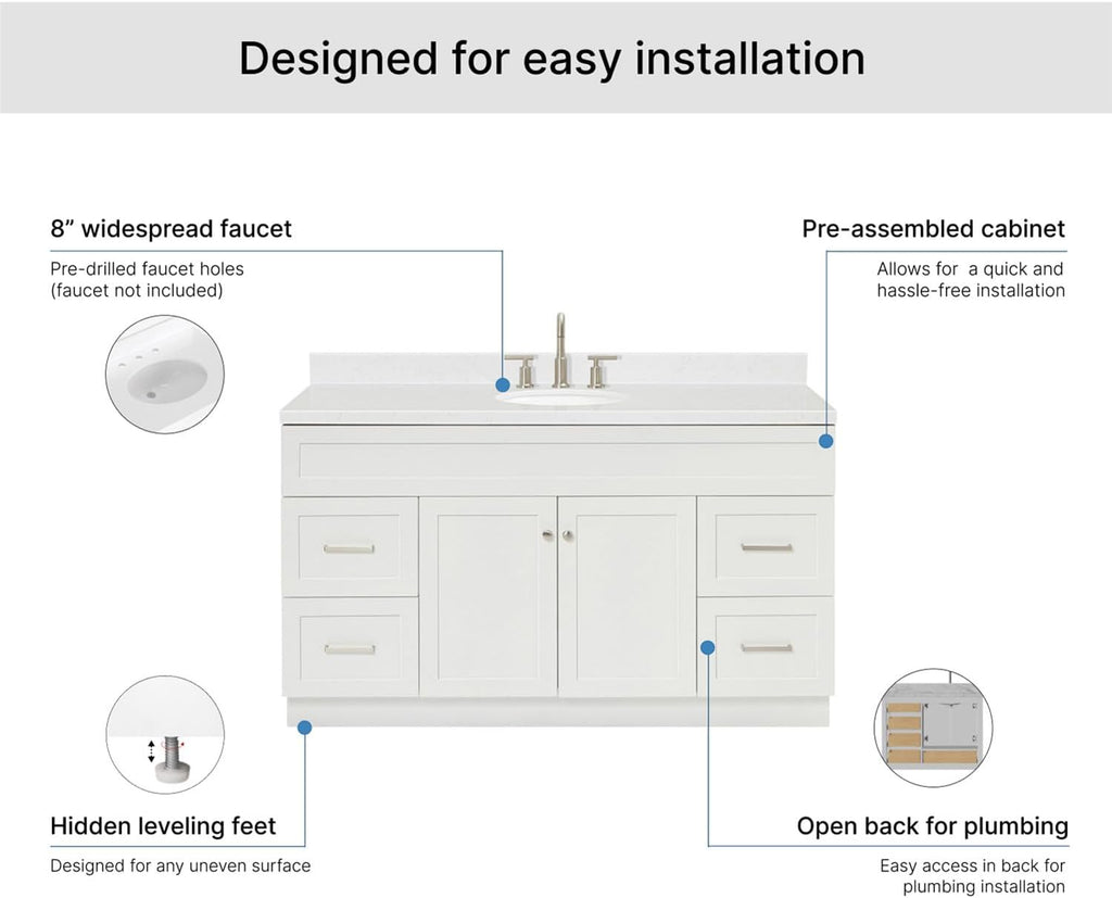 ARIEL Hamlet 60-inch Bathroom Vanity with Sink,Solid Wood, 1.5-inch Carrara White Quartz Countertop & Backsplash, Single Oval Porcelain Sink, 2 Soft Closing Doors, 4 Dovetail Drawers, White