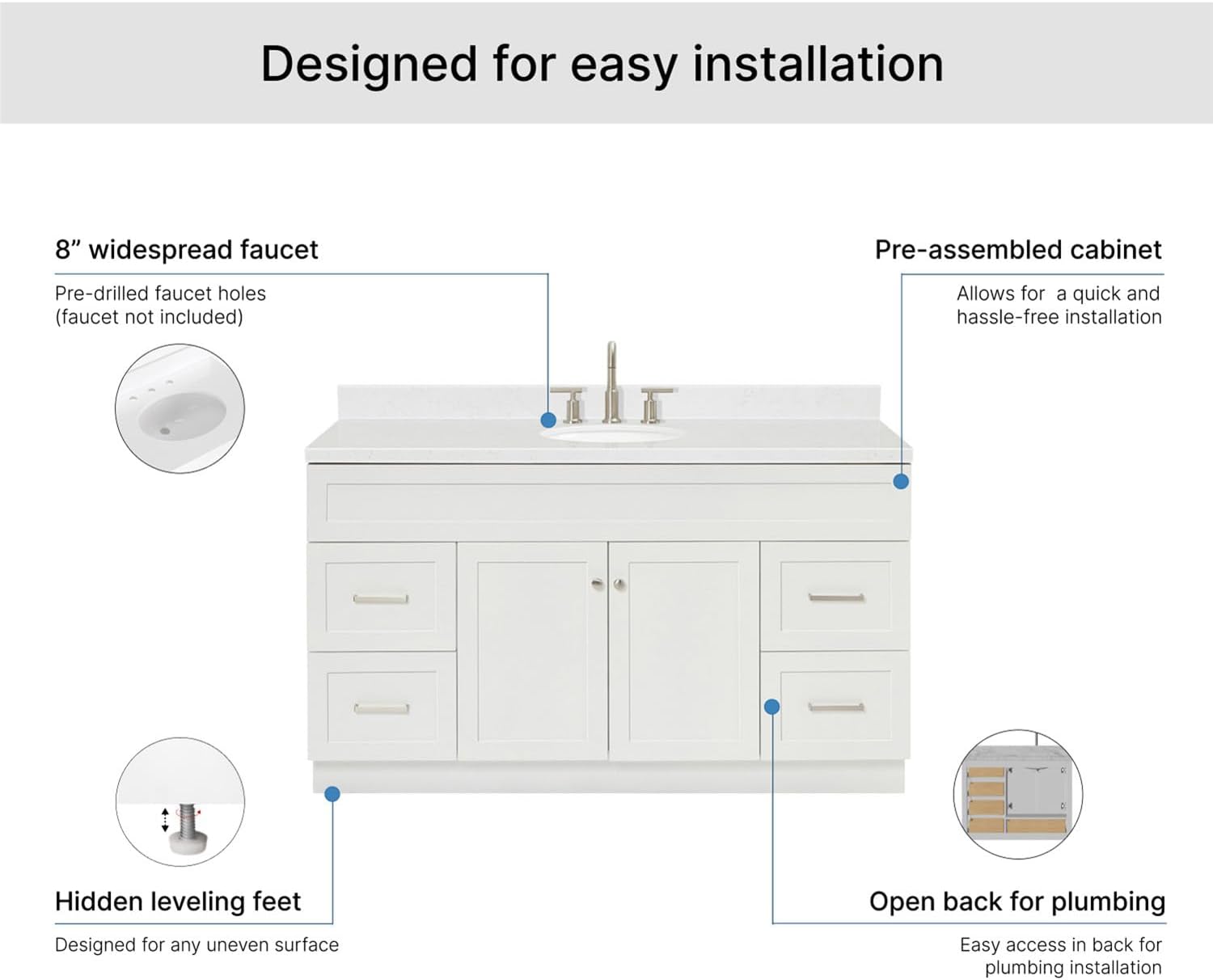 ARIEL Hamlet 60-inch Bathroom Vanity with Sink,Solid Wood, 1.5-inch Carrara White Quartz Countertop & Backsplash, Single Oval Porcelain Sink, 2 Soft Closing Doors, 4 Dovetail Drawers, White