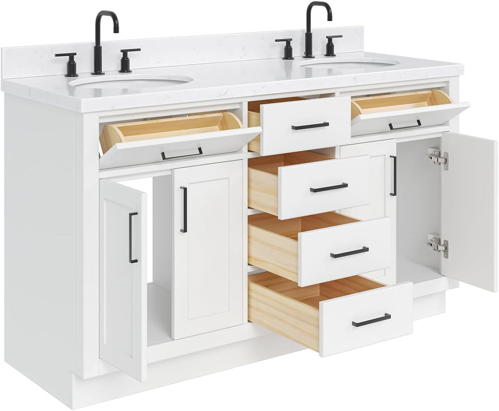 ARIEL Hepburn 60-inch Bathroom Vanity with Sink,Solid Wood, 1.5-inch Carrara White Quartz Countertop & Backsplash, Double Oval Porcelain Sink, 4 Soft Closing Doors, 6 Dovetail Drawers, White