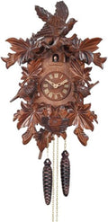 13-16 One Day Hand-Carved Cuckoo Clock with Seven Maple Leaves, Three Birds, and Nest, 16-Inch Tall