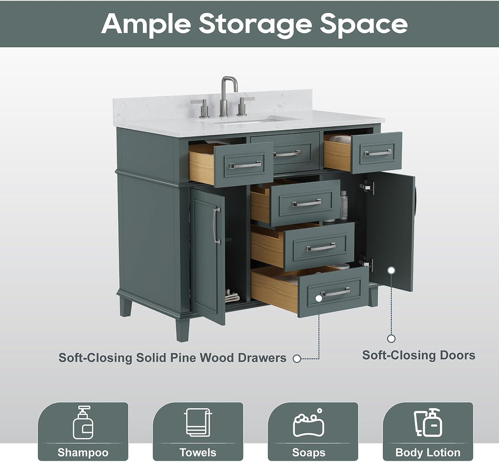 42 Inch Bathroom Vanity with Sink, Single Sink Bathroom Vanity with Adjustable Feets, Modern Bathroom Storage Cabinet with Soft Closing Doors & Dovetail Drawers, Green