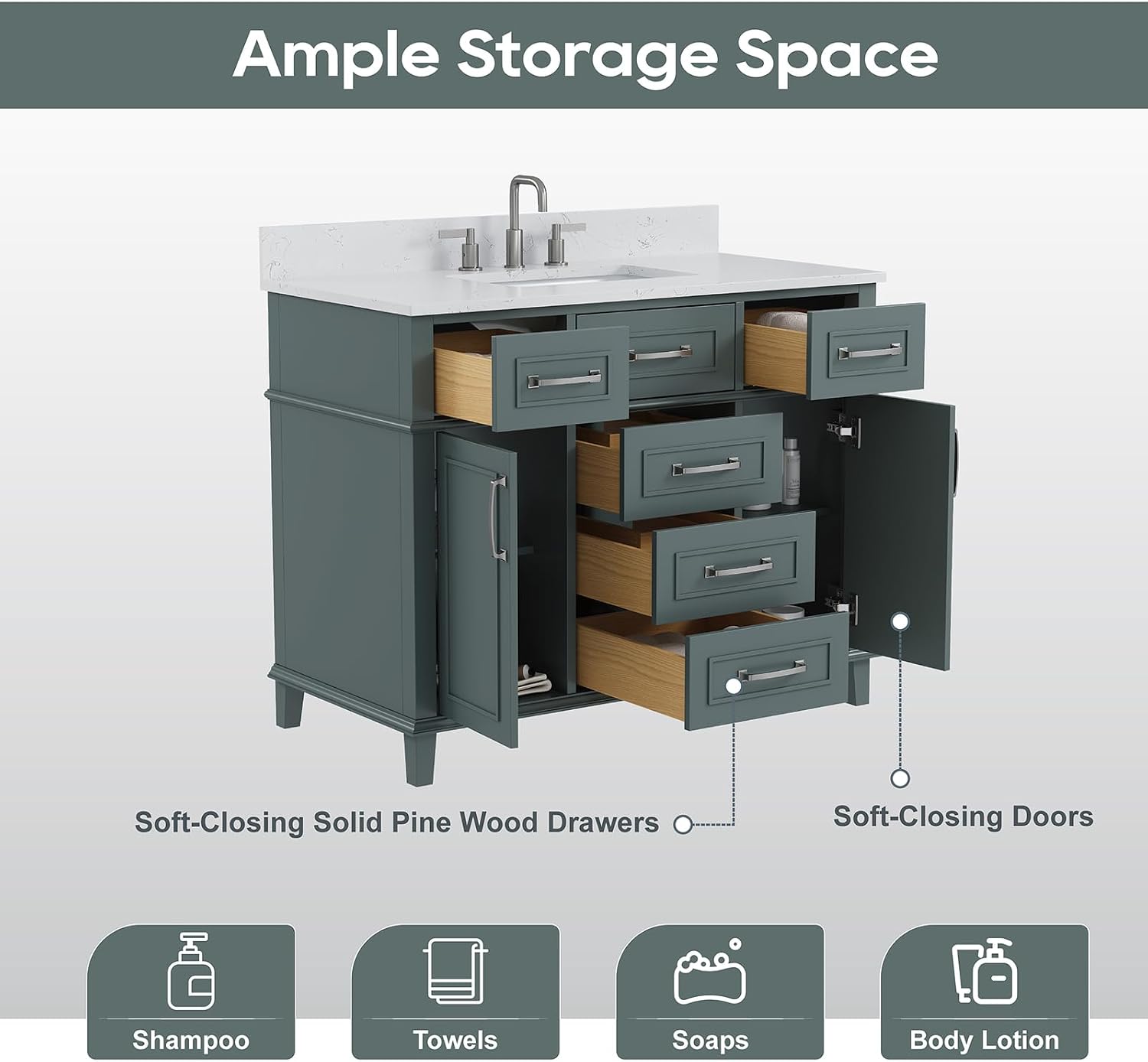 42 Inch Bathroom Vanity with Sink, Single Sink Bathroom Vanity with Adjustable Feets, Modern Bathroom Storage Cabinet with Soft Closing Doors & Dovetail Drawers, Green