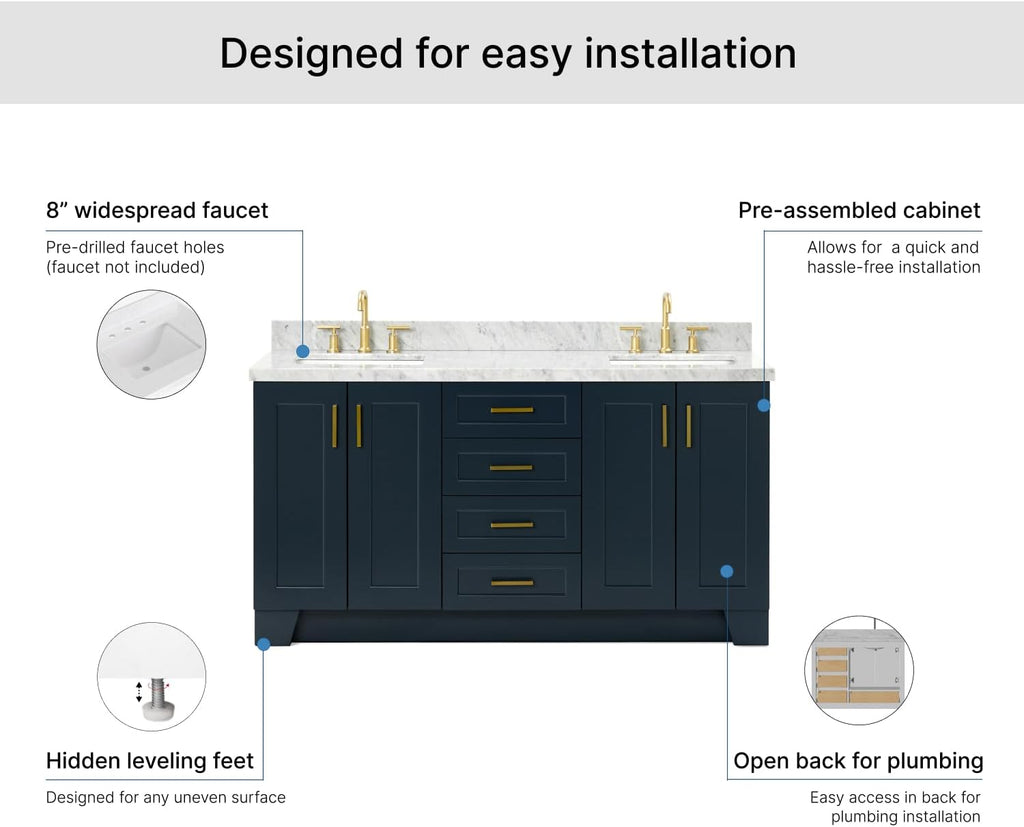 ARIEL Taylor 66-inch Bathroom Vanity with Sink,Solid Wood, 1.5-inch Italian Carrara Marble Countertop, Double Rectangular Porcelain Sink, 4 Soft Closing Doors, 5 Dovetail Drawers, Midnight Blue