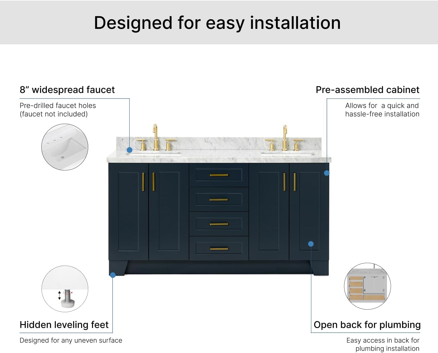 ARIEL Taylor 66-inch Bathroom Vanity with Sink,Solid Wood, 1.5-inch Italian Carrara Marble Countertop, Double Rectangular Porcelain Sink, 4 Soft Closing Doors, 5 Dovetail Drawers, Midnight Blue