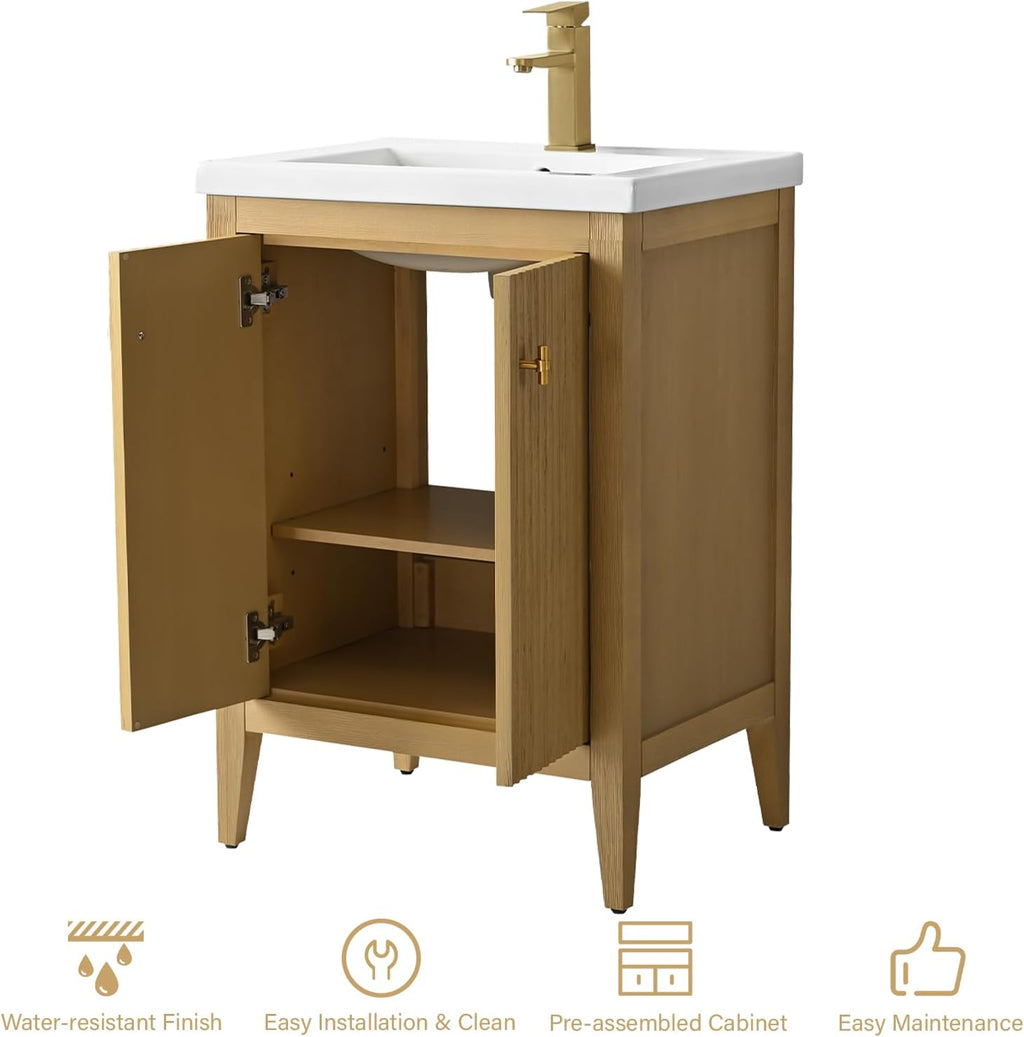 HOMEBEYOND 24' Bathroom Vanity with Ceramic Sink, Solid Wood Free-Standing Vanities Cabinet, Ceramic Top, Golden Brushed Handware & Soft Closing Door, Natural Oak