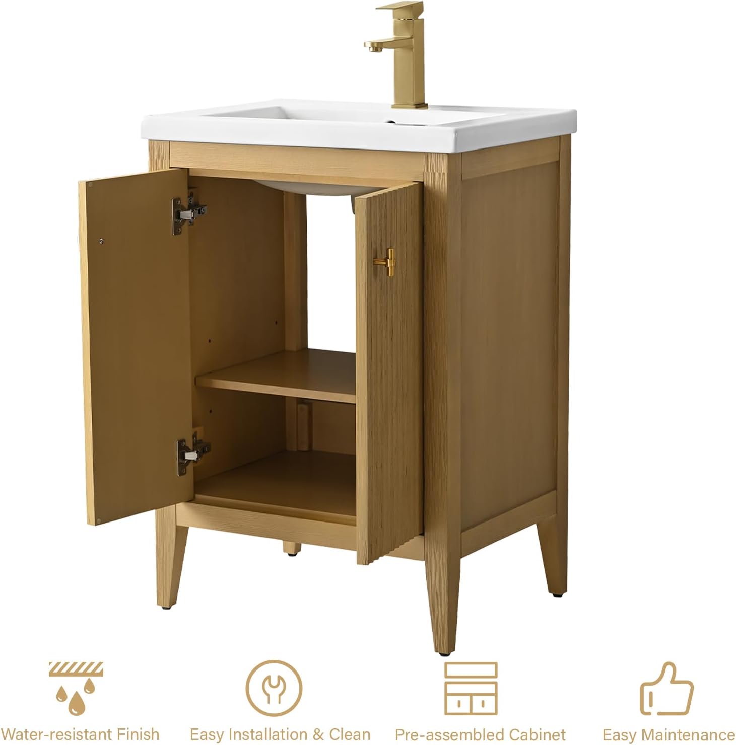 HOMEBEYOND 24' Bathroom Vanity with Ceramic Sink, Solid Wood Free-Standing Vanities Cabinet, Ceramic Top, Golden Brushed Handware & Soft Closing Door, Natural Oak