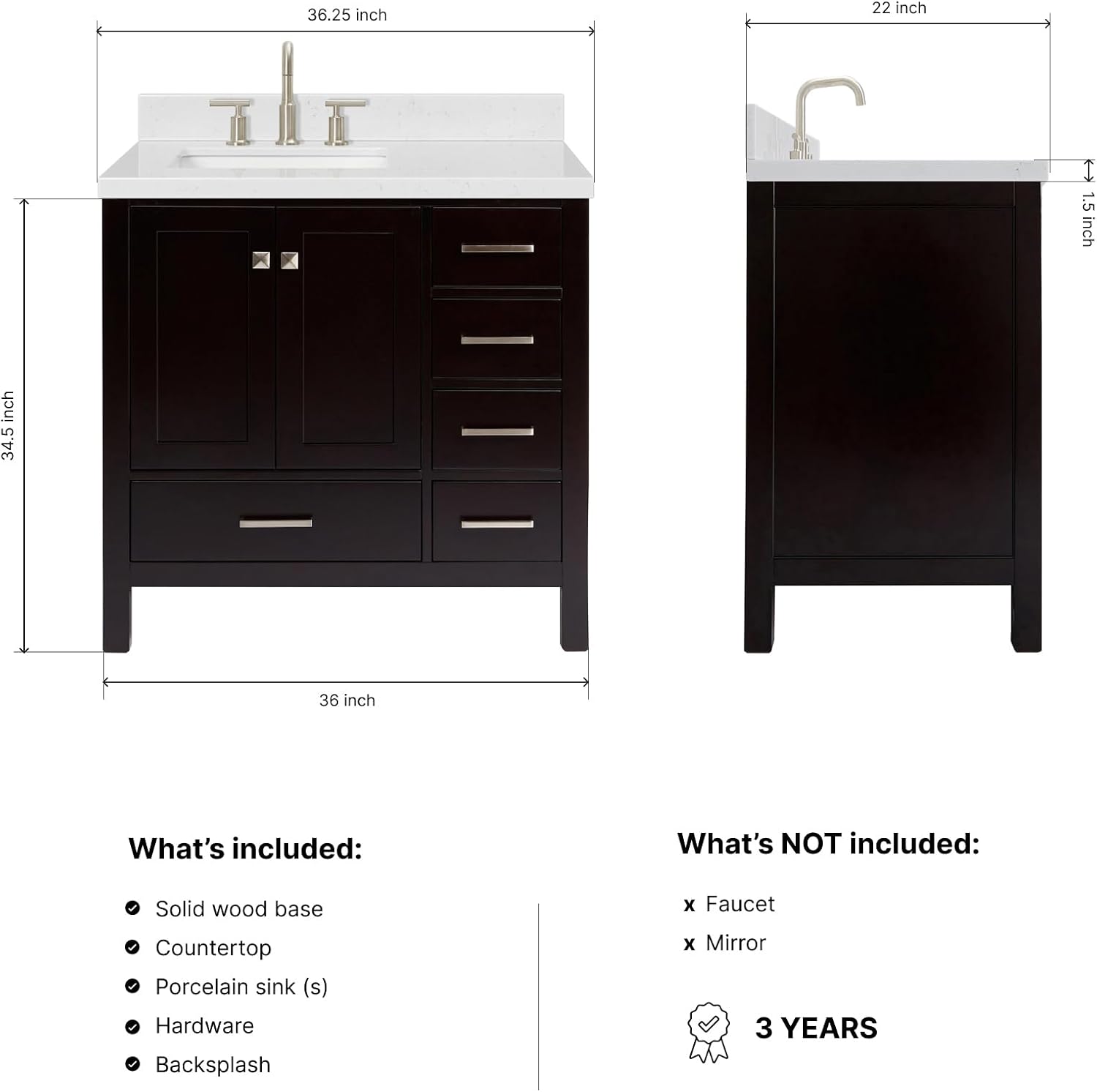 ARIEL Cambridge 36-inch Bathroom Vanity with Sink,Solid Wood, 1.5-inch Carrara White Quartz Countertop, Single Rectangular Porcelain Sink, 2 Soft Closing Doors, 5 Dovetail Drawers, Espresso
