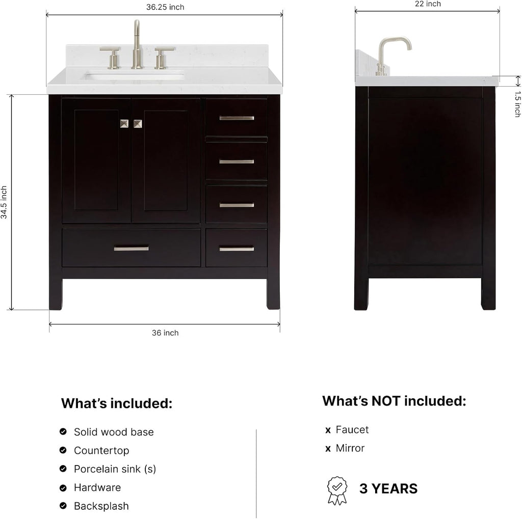 DKB Beckford 36-Inch Espresso Single Bathroom Vanity with Sink, Solid Wood Frame, Carrara White Quartz 1.5' Countertop, Left Rectangular Undermount Sink, 2 Soft Closing Doors, 5 Drawers